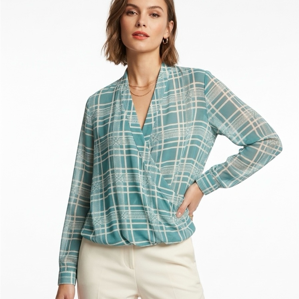 CAbi Windowpane Faux Wrap Blouse Teal Blue Cream Plaid Chiffon Boho Office #3068